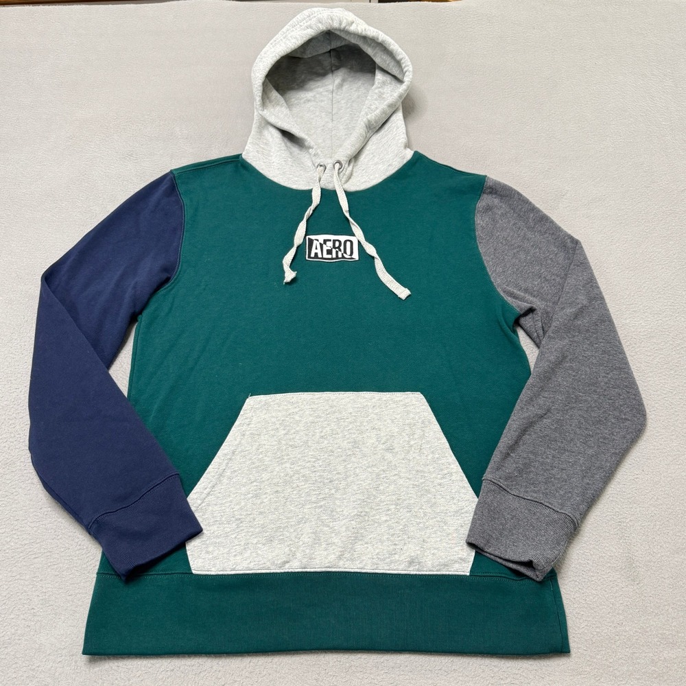 Aeropostale Hoodie Mens Medium Green Colorblock Cotton Fleece Pullover NWT
